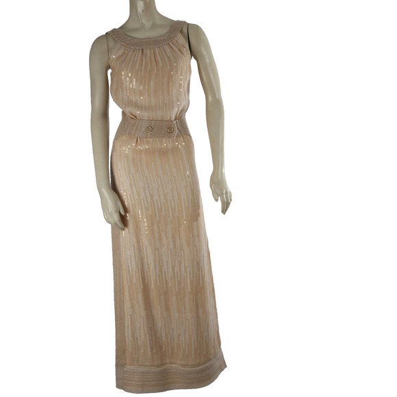 CHANEL 01A Fall 01 Beige 2 Piece Sleeveless Sequin Dress Maxi Tweed Coat Suit 38 - Picture 9 of 16